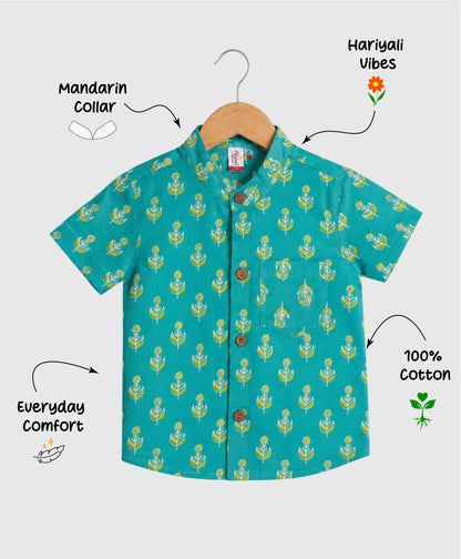 The Magic Wand Cotton Woven Half Sleeves Buta Printed Shirt - Turquoise
