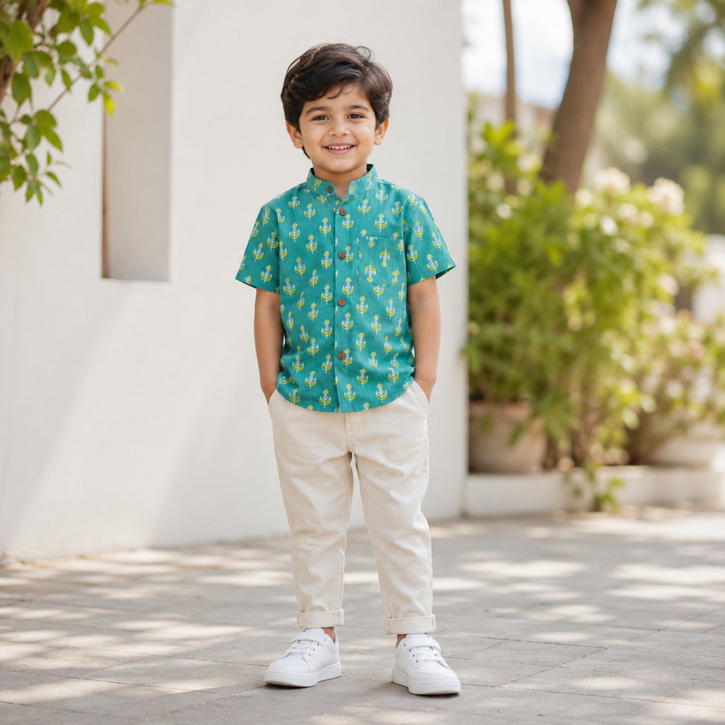The Magic Wand Cotton Woven Half Sleeves Buta Printed Shirt - Turquoise