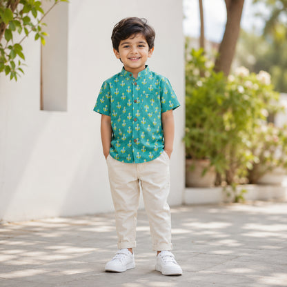 The Magic Wand Cotton Woven Half Sleeves Buta Printed Shirt - Turquoise
