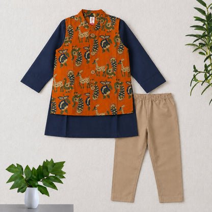 The Magic Wand Cambric Woven Solid Kurta With Ethnic Animal Printed Jacket And Pyjama - Orange