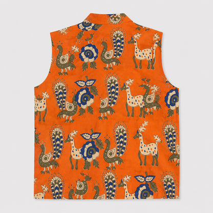 The Magic Wand Cambric Woven Solid Kurta With Ethnic Animal Printed Jacket And Pyjama - Orange