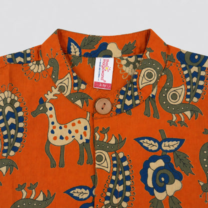 The Magic Wand Cambric Woven Solid Kurta With Ethnic Animal Printed Jacket And Pyjama - Orange