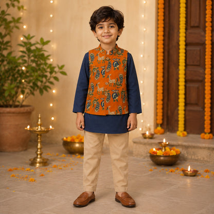 The Magic Wand Cambric Woven Solid Kurta With Ethnic Animal Printed Jacket And Pyjama - Orange
