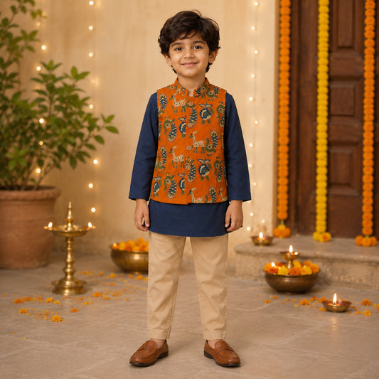 The Magic Wand Cambric Woven Solid Kurta With Ethnic Animal Printed Jacket And Pyjama - Orange