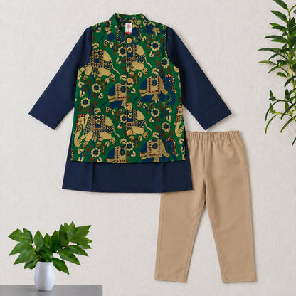 The Magic Wand Cambric Woven Solid Kurta With Ethnic Animal Printed Jacket And Pyjama - Green