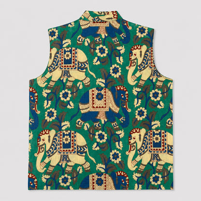 The Magic Wand Cambric Woven Solid Kurta With Ethnic Animal Printed Jacket And Pyjama - Green