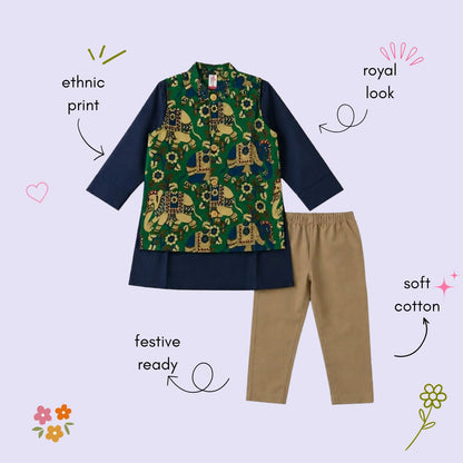 The Magic Wand Cambric Woven Solid Kurta With Ethnic Animal Printed Jacket And Pyjama - Green