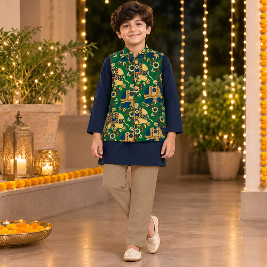 The Magic Wand Cambric Woven Solid Kurta With Ethnic Animal Printed Jacket And Pyjama - Green