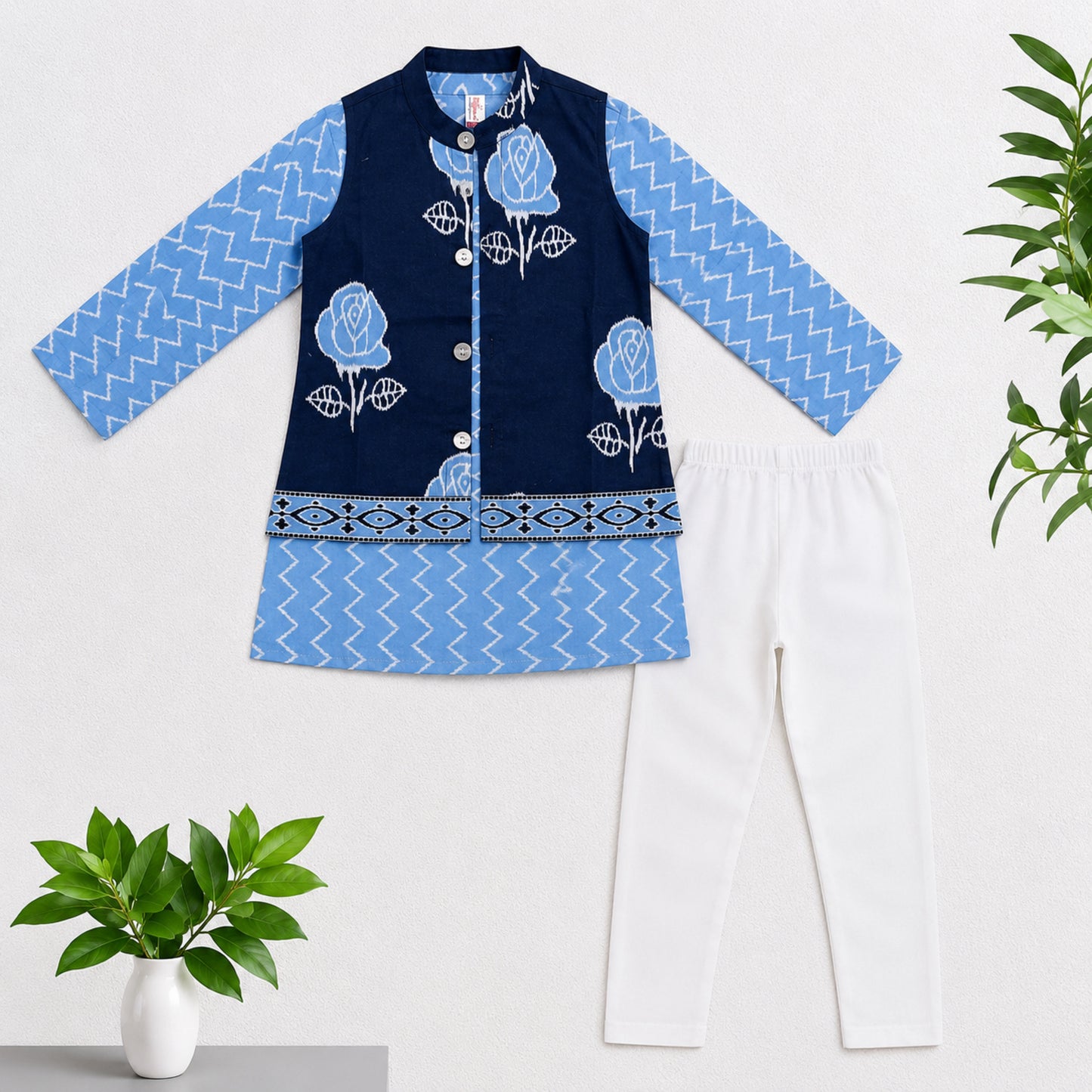 The Magic Wand Cambric Woven Chevron Printed Kurta With Floral Jacket And Pyjama - Blue