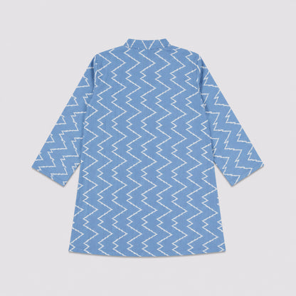 The Magic Wand Cambric Woven Chevron Printed Kurta With Floral Jacket And Pyjama - Blue