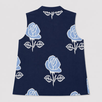 The Magic Wand Cambric Woven Chevron Printed Kurta With Floral Jacket And Pyjama - Blue