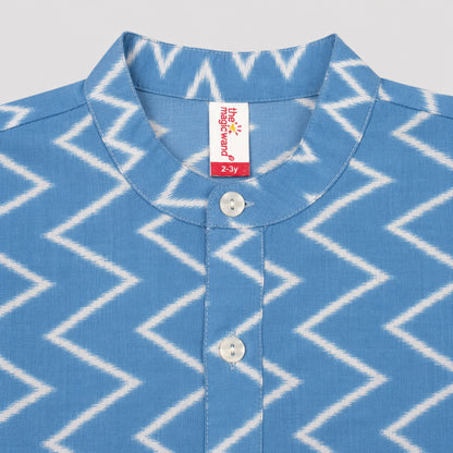 The Magic Wand Cambric Woven Chevron Printed Kurta With Floral Jacket And Pyjama - Blue