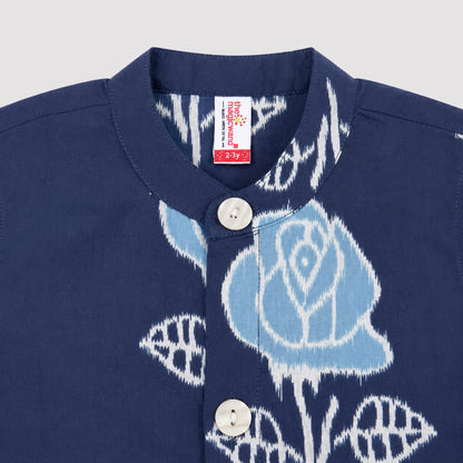 The Magic Wand Cambric Woven Chevron Printed Kurta With Floral Jacket And Pyjama - Blue