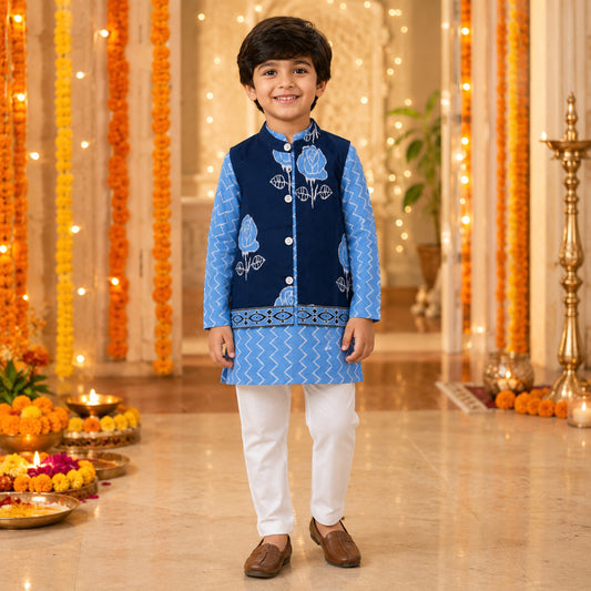 The Magic Wand Cambric Woven Chevron Printed Kurta With Floral Jacket And Pyjama - Blue