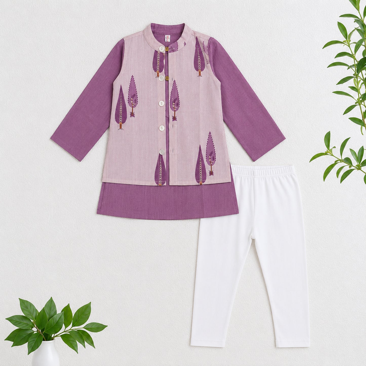The Magic Wand Cambric Woven Striped Kurta With Tree Motif Jacket And Pyjama - Mauve