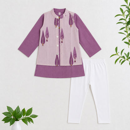 The Magic Wand Cambric Woven Striped Kurta With Tree Motif Jacket And Pyjama - Mauve