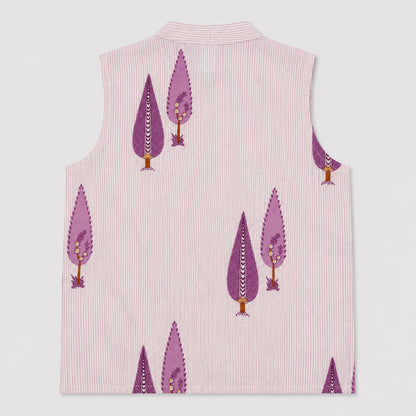 The Magic Wand Cambric Woven Striped Kurta With Tree Motif Jacket And Pyjama - Mauve
