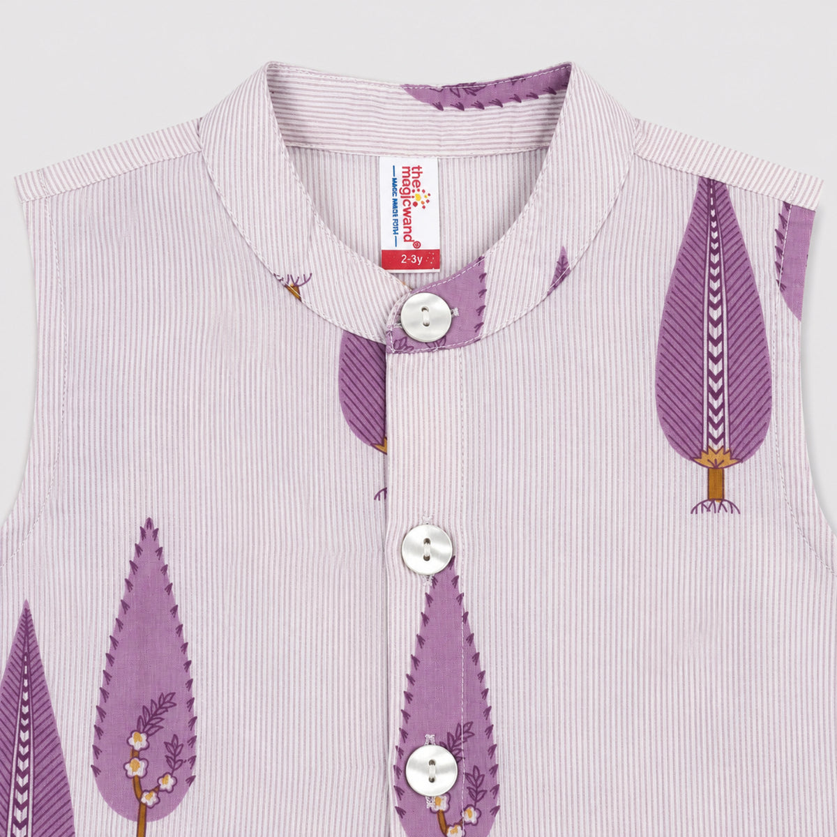 The Magic Wand Cambric Woven Striped Kurta With Tree Motif Jacket And Pyjama - Mauve