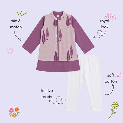 The Magic Wand Cambric Woven Striped Kurta With Tree Motif Jacket And Pyjama - Mauve