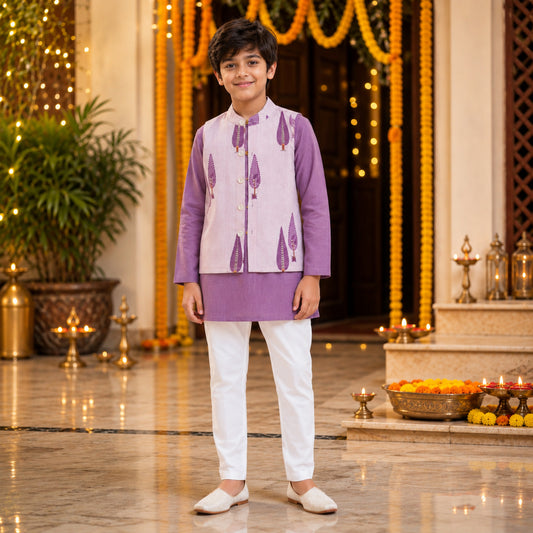 The Magic Wand Cambric Woven Striped Kurta With Tree Motif Jacket And Pyjama - Mauve