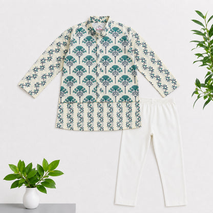 The Magic Wand Cambric Woven Striped Kurta With Tree Motif Jacket And Pyjama - Off White