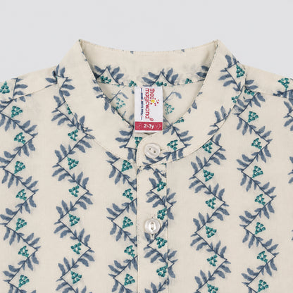 The Magic Wand Cambric Woven Striped Kurta With Tree Motif Jacket And Pyjama - Off White