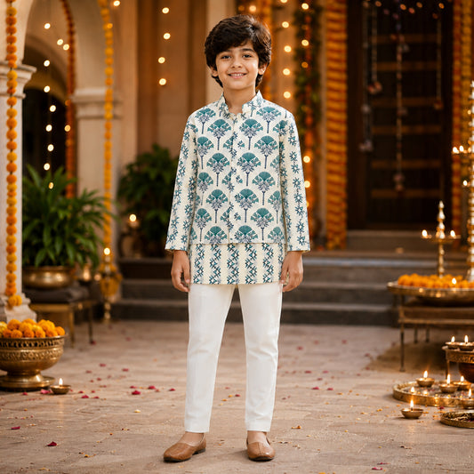 The Magic Wand Cambric Woven Striped Kurta With Tree Motif Jacket And Pyjama - Off White
