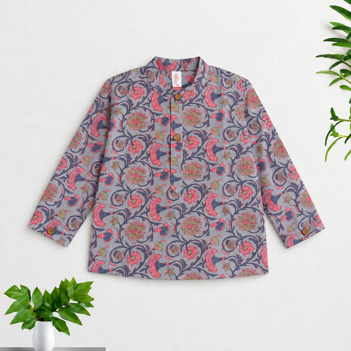 The Magic Wand Cotton Woven Cambric Full Sleeves All Over Floral Vine Printed Kurta - Grey