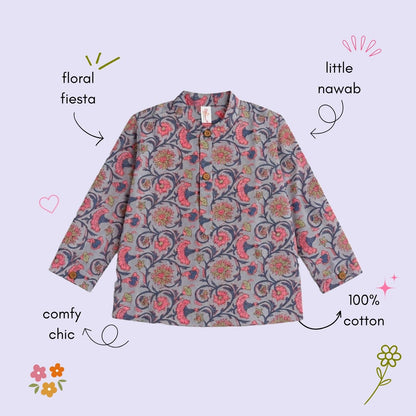 The Magic Wand Cotton Woven Cambric Full Sleeves All Over Floral Vine Printed Kurta - Grey