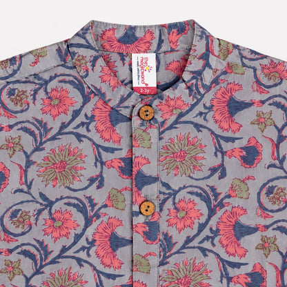 The Magic Wand Cotton Woven Cambric Full Sleeves All Over Floral Vine Printed Kurta - Grey