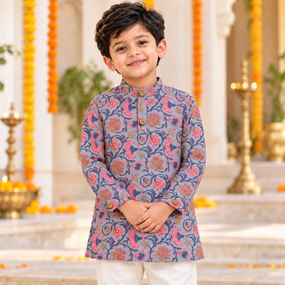 The Magic Wand Cotton Woven Cambric Full Sleeves All Over Floral Vine Printed Kurta - Grey