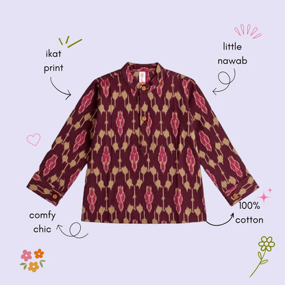 The Magic Wand Cotton Woven Cambric Full Sleeves Ikat Printed Kurta - Wine