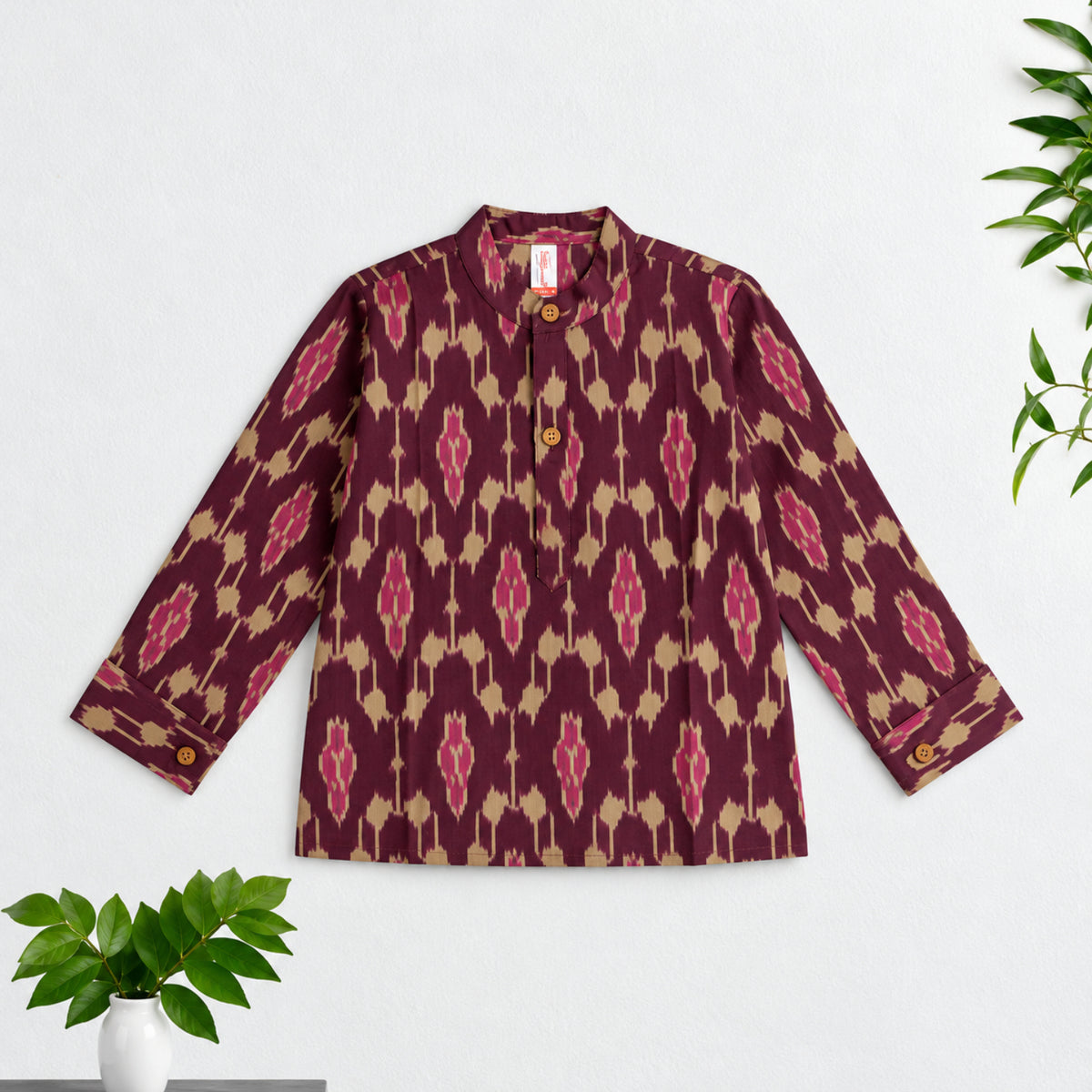 The Magic Wand Cotton Woven Cambric Full Sleeves Ikat Printed Kurta - Wine