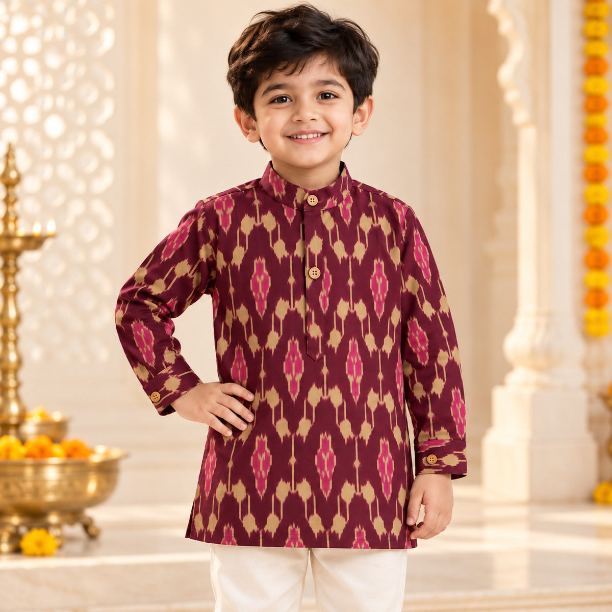 The Magic Wand Cotton Woven Cambric Full Sleeves Ikat Printed Kurta - Wine
