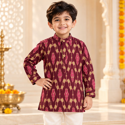 The Magic Wand Cotton Woven Cambric Full Sleeves Ikat Printed Kurta - Wine