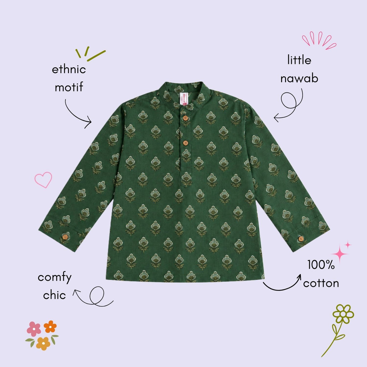 The Magic Wand Cotton Woven Cambric Full Sleeves Ethnic Buti Printed Kurta - Green