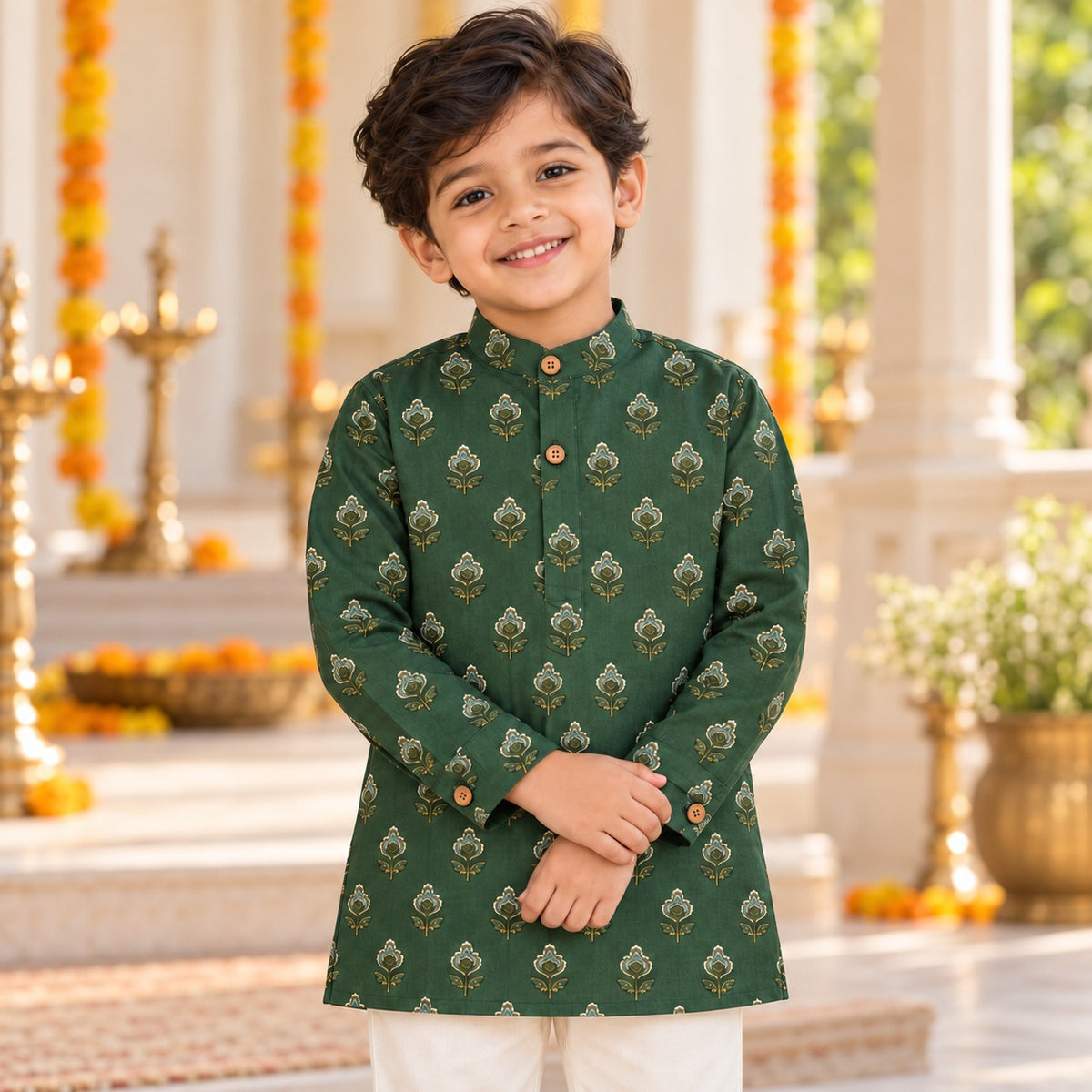 The Magic Wand Cotton Woven Cambric Full Sleeves Ethnic Buti Printed Kurta - Green