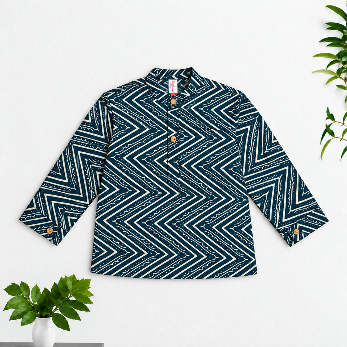 The Magic Wand Cotton Woven Cambric Full Sleeves Zig Zag Printed Kurta - Teal Blue