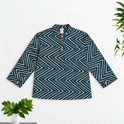 The Magic Wand Cotton Woven Cambric Full Sleeves Zig Zag Printed Kurta - Teal Blue