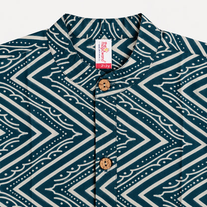 The Magic Wand Cotton Woven Cambric Full Sleeves Zig Zag Printed Kurta - Teal Blue