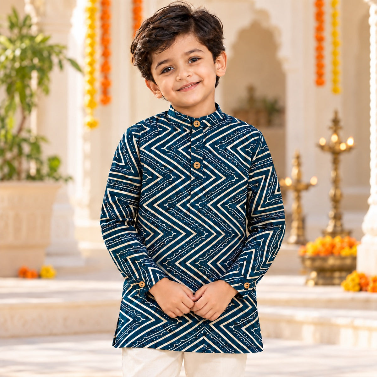 The Magic Wand Cotton Woven Cambric Full Sleeves Zig Zag Printed Kurta - Teal Blue