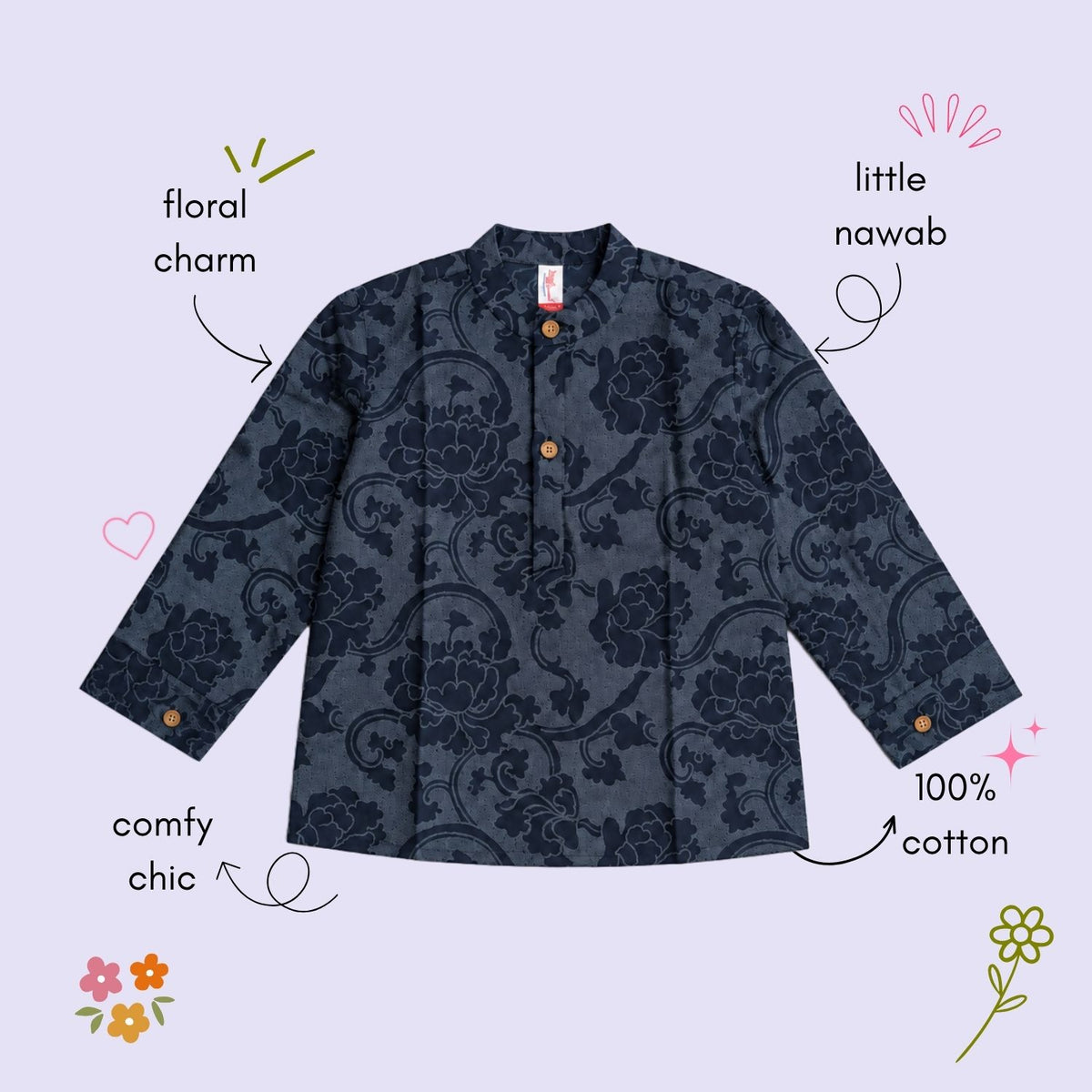 The Magic Wand Cotton Woven Cambric Full Sleeves Floral Printed Kurta - Navy Blue