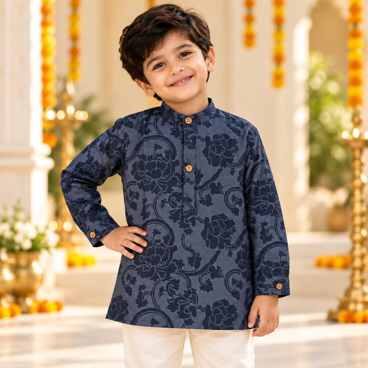 The Magic Wand Cotton Woven Cambric Full Sleeves Floral Printed Kurta - Navy Blue