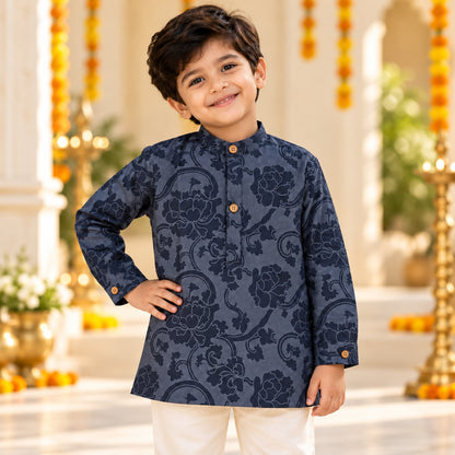 The Magic Wand Cotton Woven Cambric Full Sleeves Floral Printed Kurta - Navy Blue