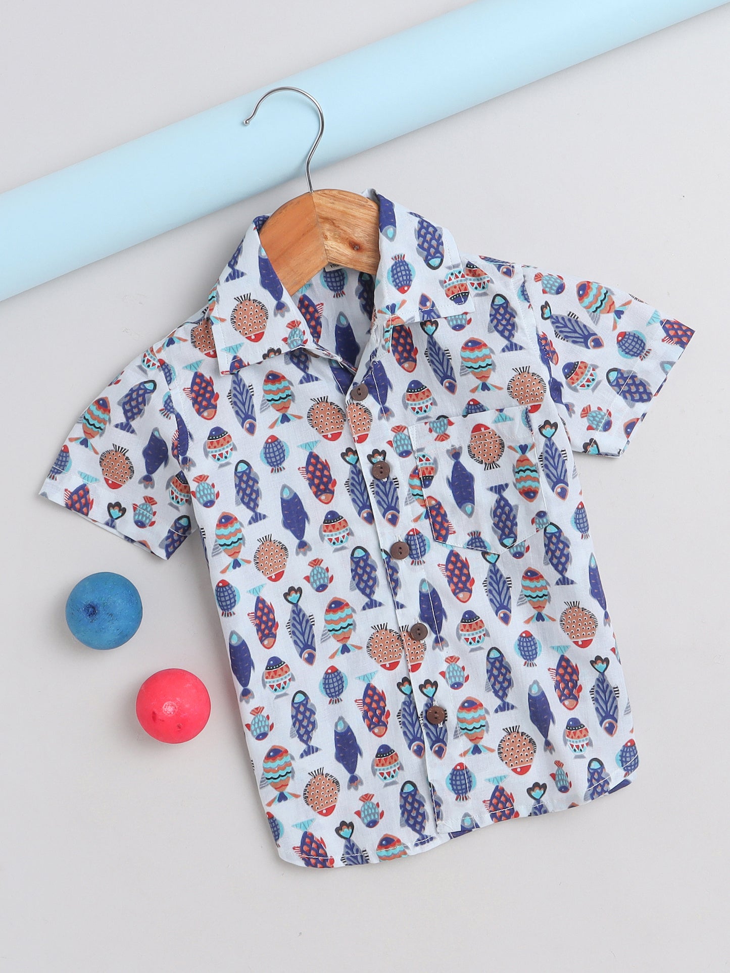 Short Sleeves Fish Printed Cotton Casual Shirt For Boys-Off White, Multi