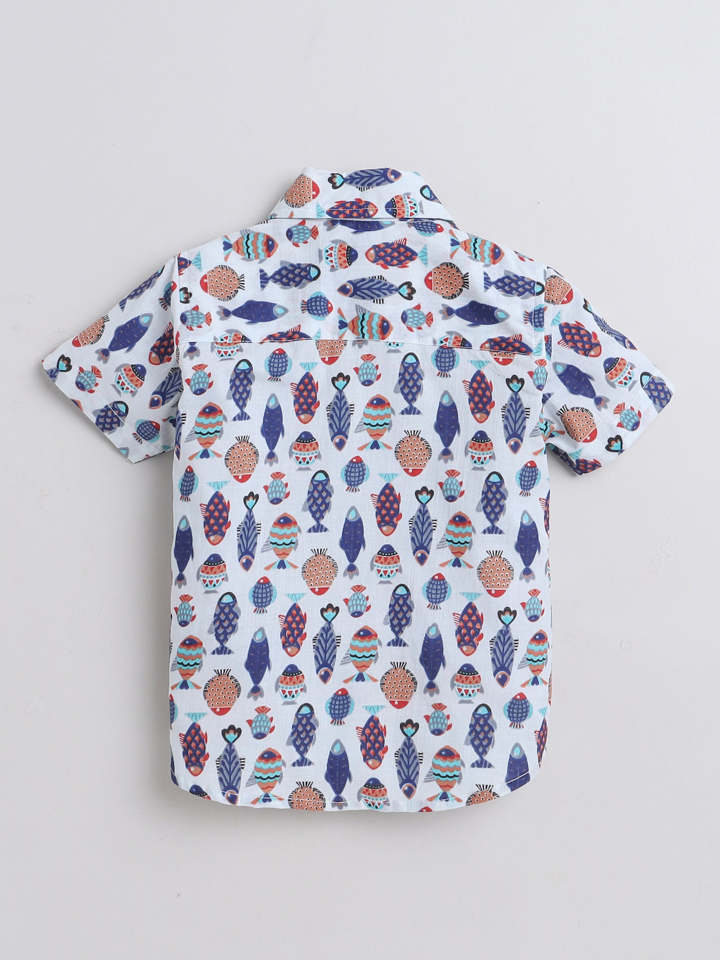 Short Sleeves Fish Printed Cotton Casual Shirt For Boys-Off White, Multi