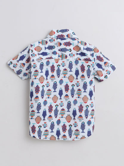 Short Sleeves Fish Printed Cotton Casual Shirt For Boys-Off White, Multi