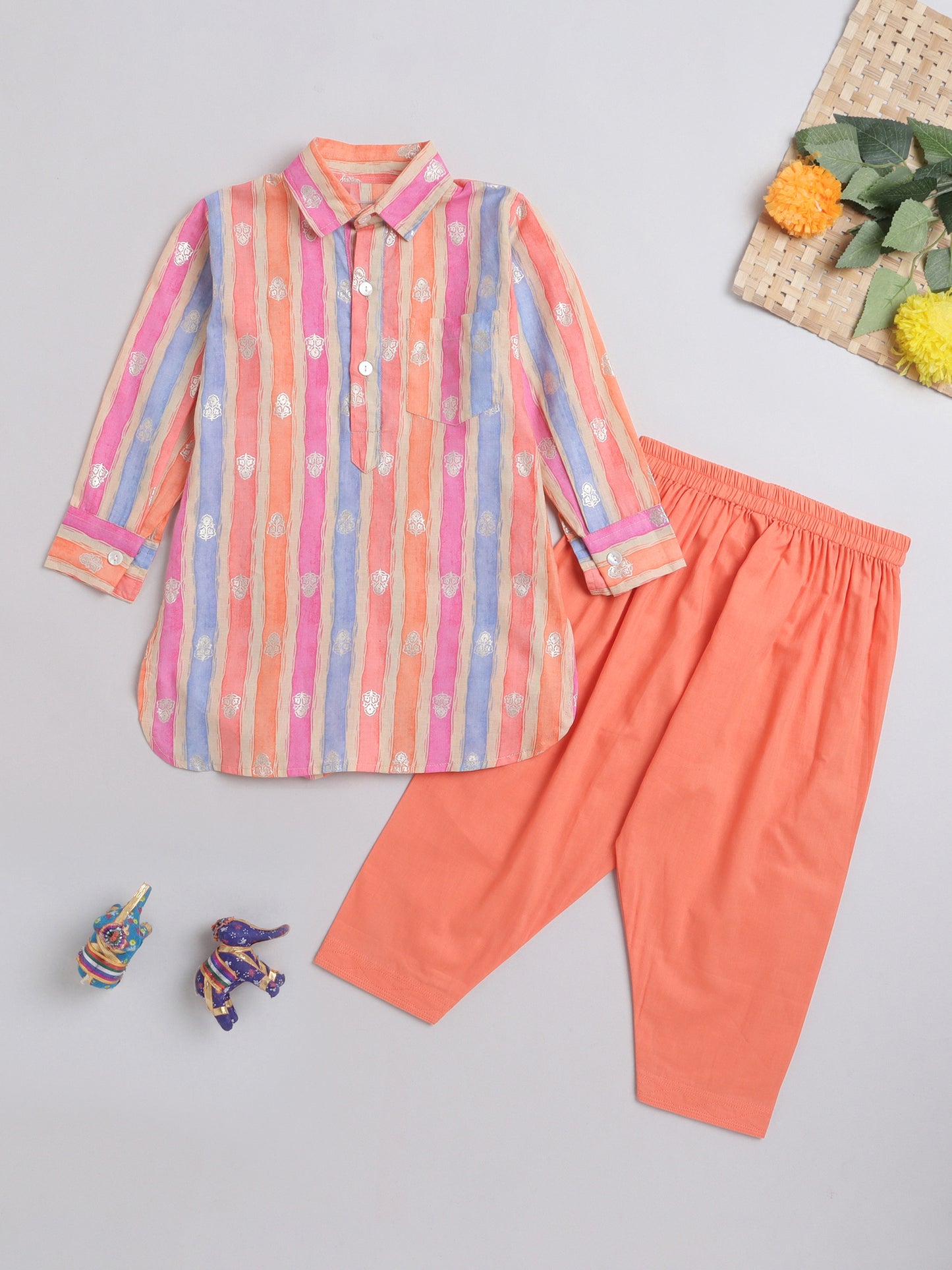 Stripes Printed Mandarin Collar Full Sleeves Pathani Kurta and Pant Set For Boys-Peach