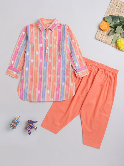 Stripes Printed Mandarin Collar Full Sleeves Pathani Kurta and Pant Set For Boys-Peach