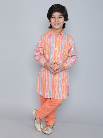 Stripes Printed Mandarin Collar Full Sleeves Pathani Kurta and Pant Set For Boys-Peach
